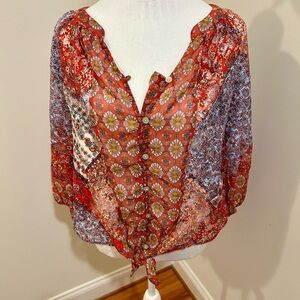 Fig and Flower for Anthropologie Red and Blue Patterned Blouse